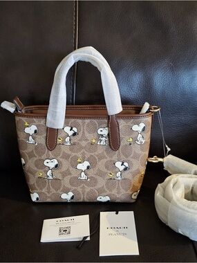 Coach Brown Mini Tote with Snoopy & Woodstock Print
